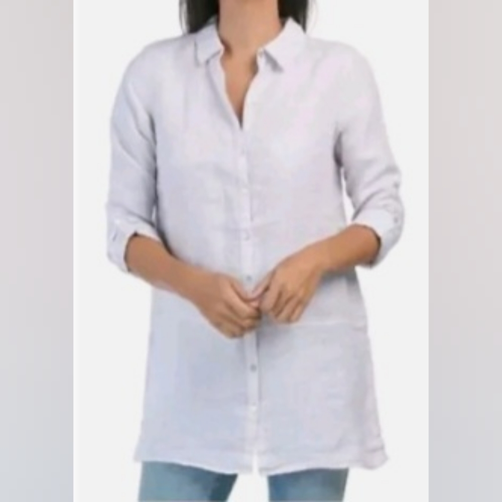 Tahari Womens 100%Linen Shirt Tunic Top  White Roll Tab Sleeve Size Small
